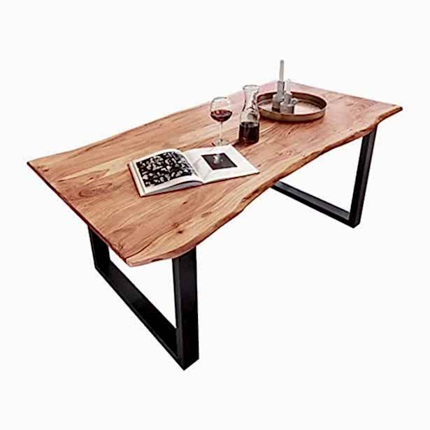Natural Wood Square Metal Pedestal Table
